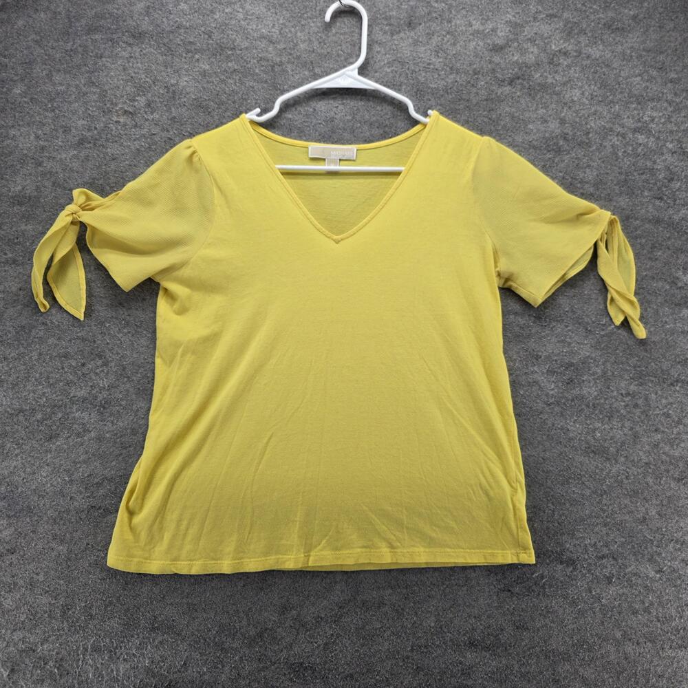 Michael Michael Kors T-Shirt Womens M Yellow V-Neck Tie Sleeve Jersey Stretch